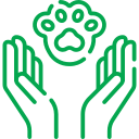 a green outline of a paw and hands