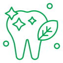 a green outline of a tooth with a leaf and stars
