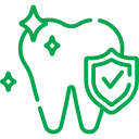 a green outline of a tooth with a shield and check mark