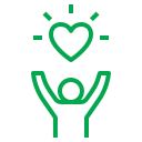 a green outline of a person with arms up and a heart above it